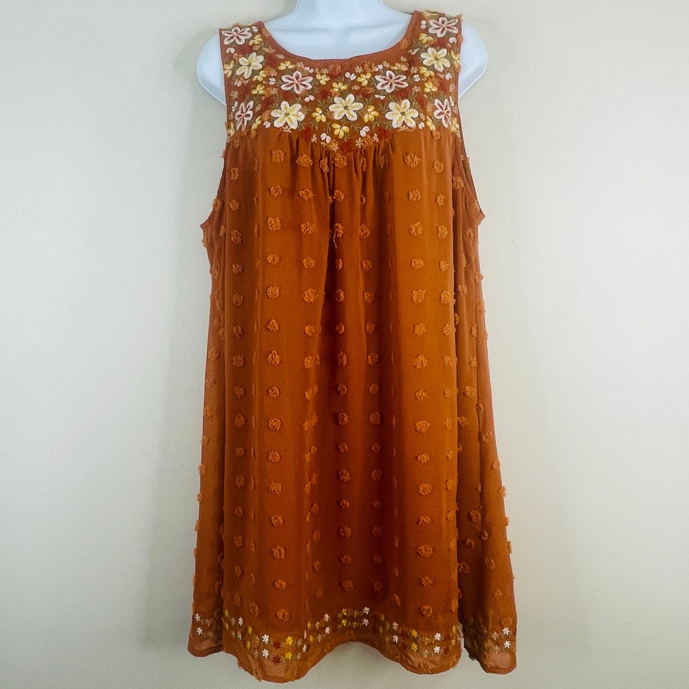 Savanna Jane Boho Embroidered Flowy Dress Large Pumpkin Cottage Floral Ethereal